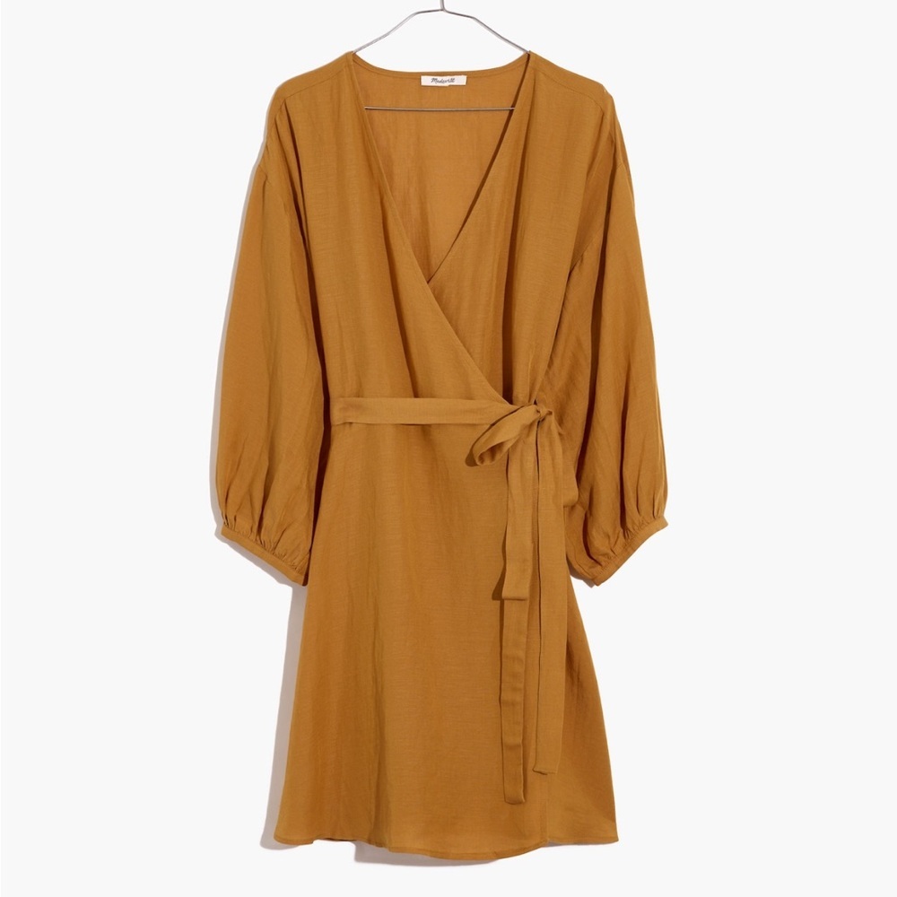MADEWELL Linen-Blend Balloon-Sleeve Wrap Dress. Color Toffee. Size Large. NEW